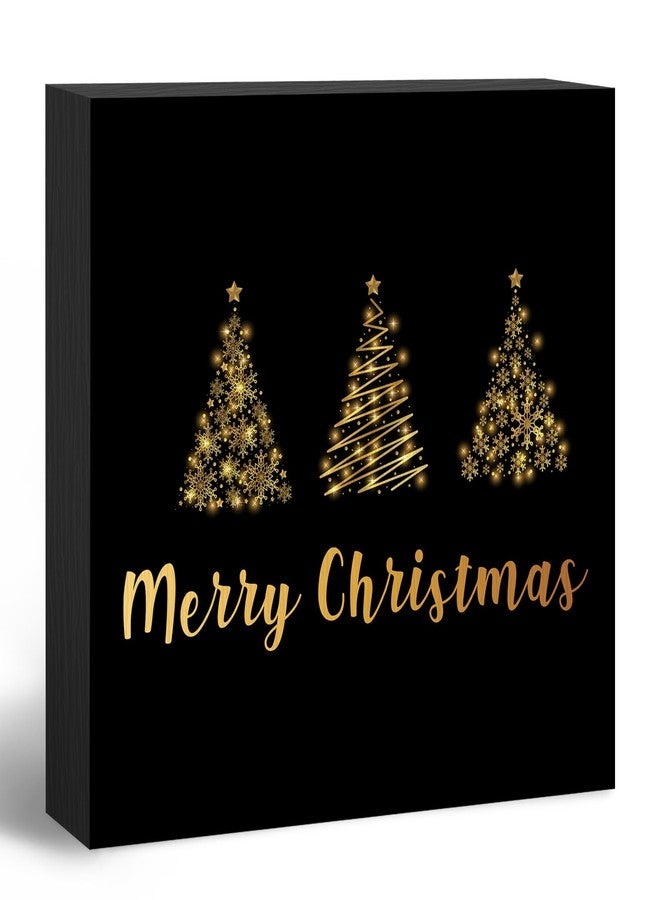 ANIANG Christmas Wooden Box Sign, Black and Gold Christmas Tree Winter Wood Block Box Sign Plaque for Office, Home, Bedroom Wall Shelf Decor - Image 1
